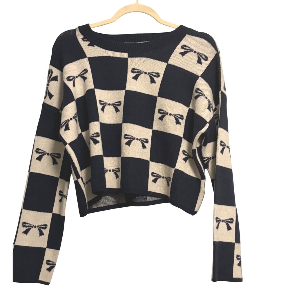 Sincerely Jules Navy Cream Checkerboard Bow Cropped‎ Sweater Size Medium
